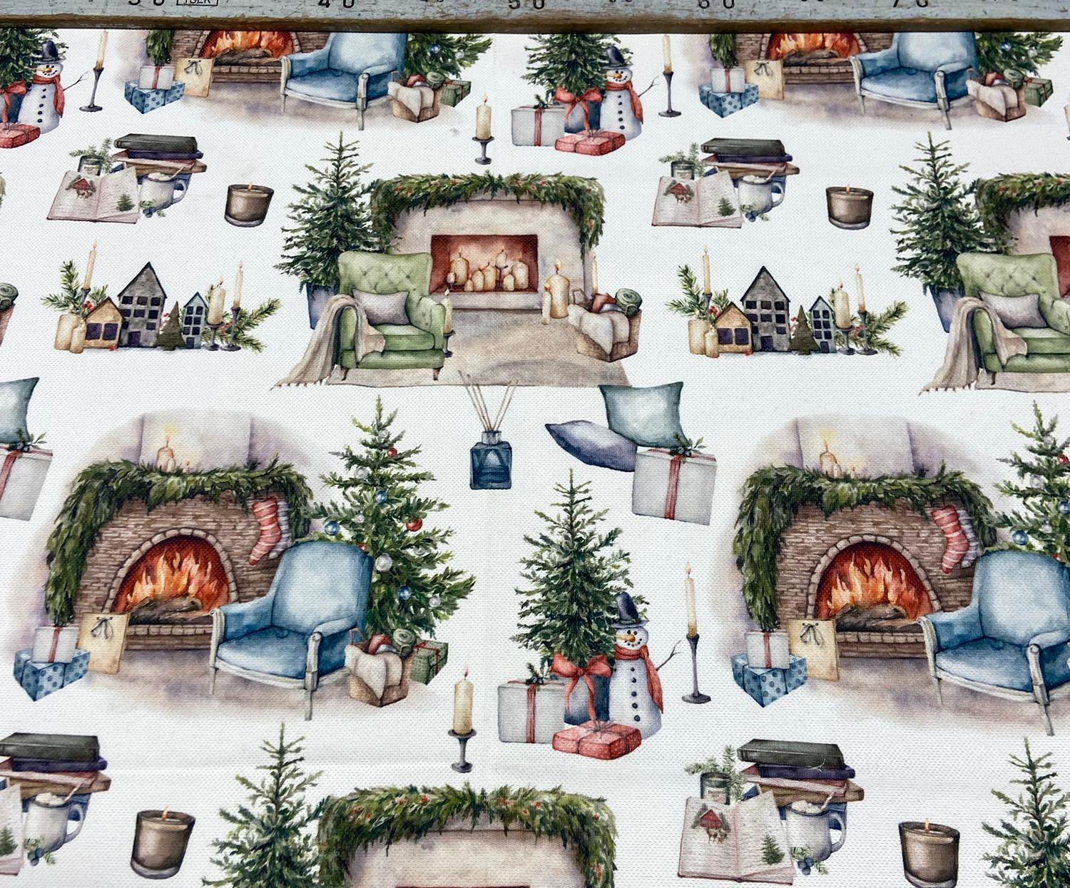 CHRISTMAS FIREPLACE DIGITAL PRINTING FABRIC - WHITE