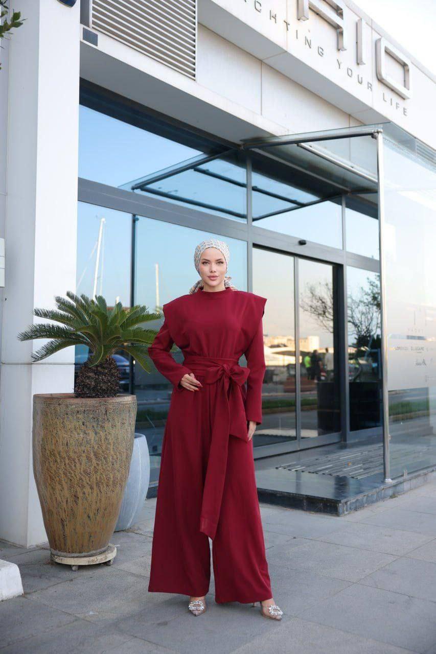 Wide Leg Jumpsuit with Shoulder Detail and Belt - Burgundy/Dark Red