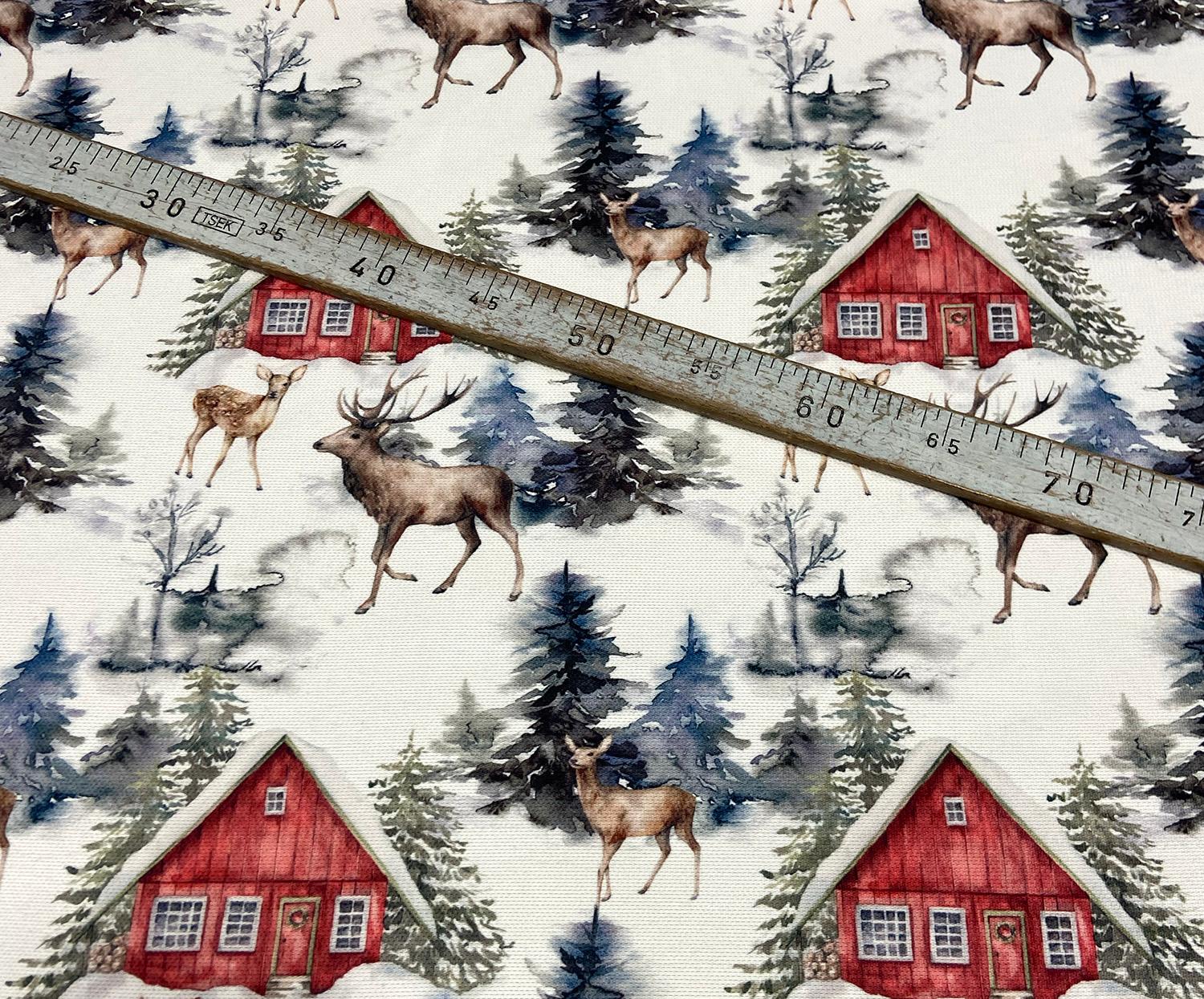 CHRISTMAS SNOWY DEER DIGITAL PRINT FABRIC - WHITE
