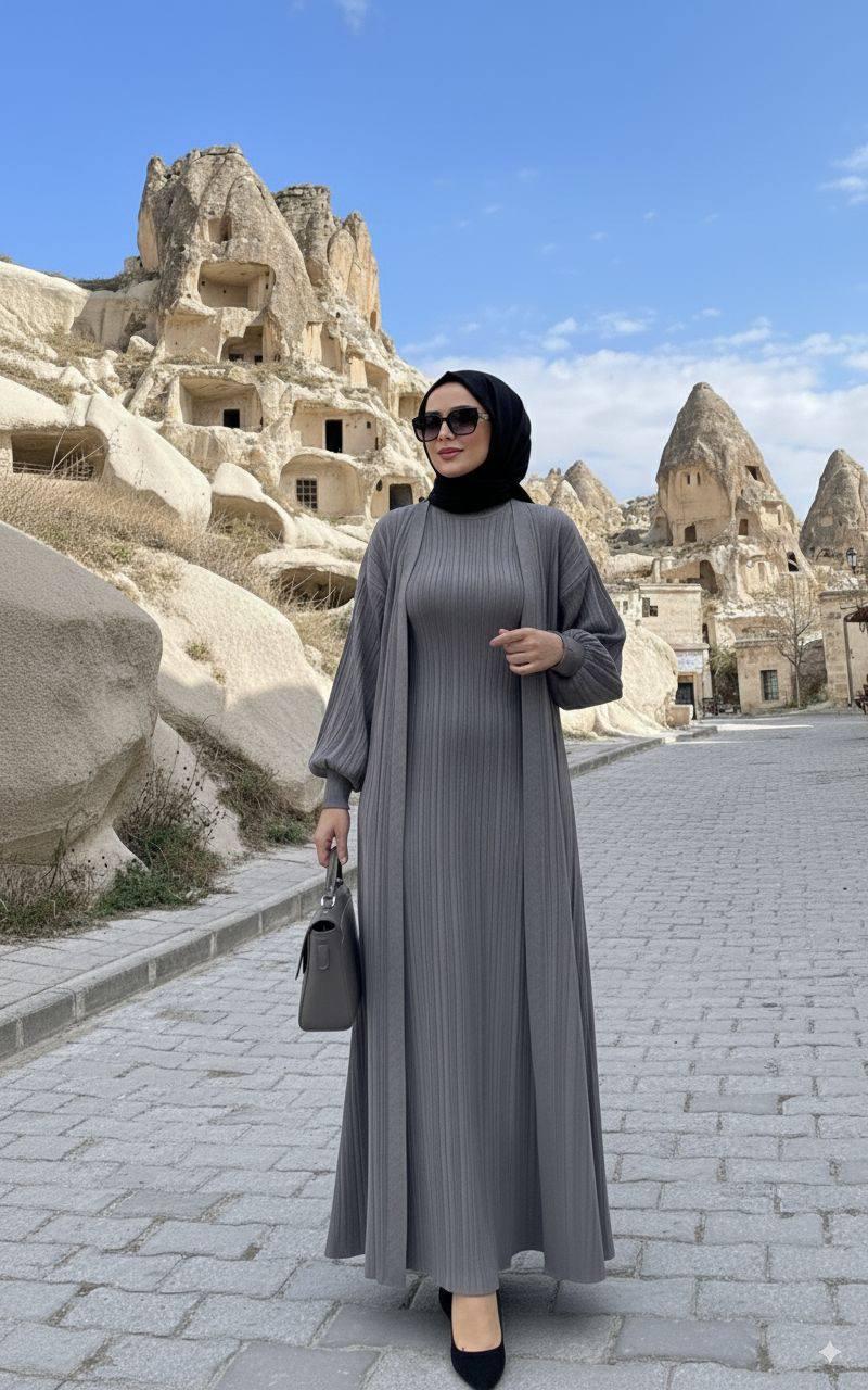 Ribbed Knit Maxi Dress and Matching Long Cardigan Set - Anthracite Grey