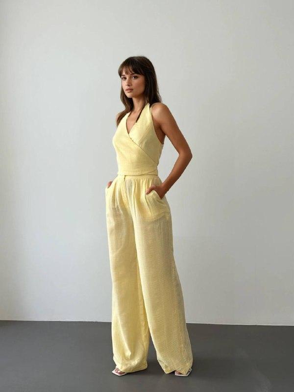 V-Neck Fastened Wide Leg Trousers Set
