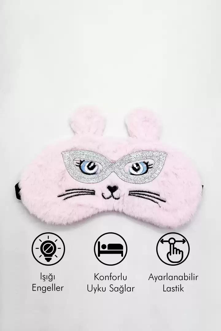 Pembe Kedi Maskesi Tasarımlı Sim Detaylı Yumuşak Peluş Işık Geçirmeyen Konforlu Uyku Gözlüğü Ayarlanabilir Lastikli