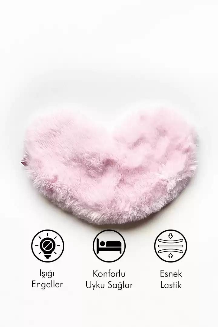 Pembe Kalp Şeklinde Yumuşak Peluş Işık Geçirmeyen Konforlu Uyku Gözlüğü Esnek Lastikli