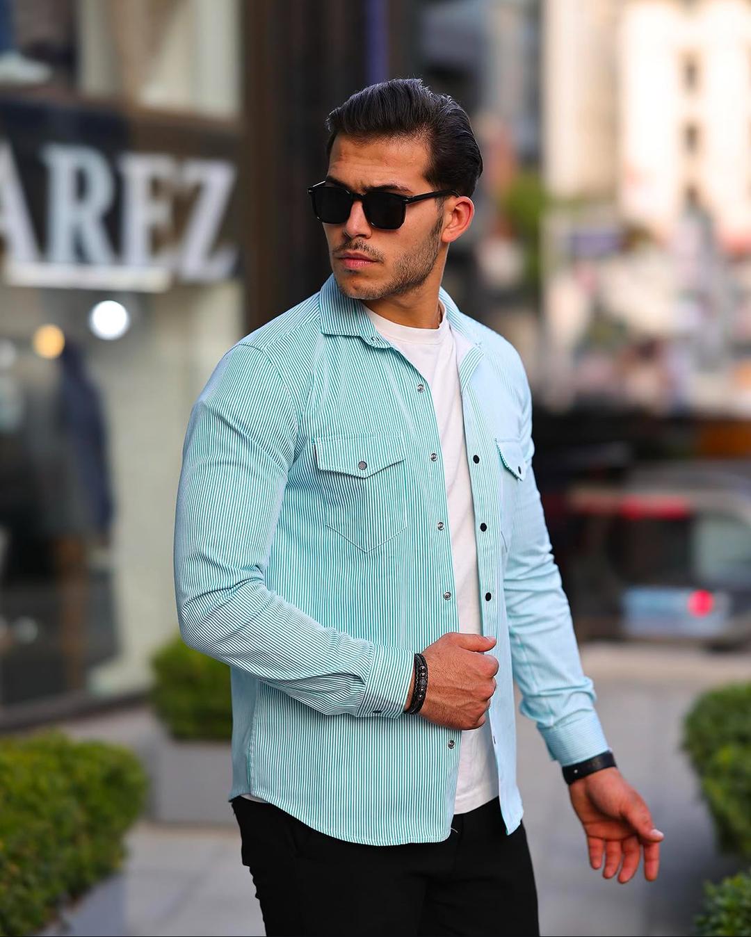 Çizgili denim gömlek