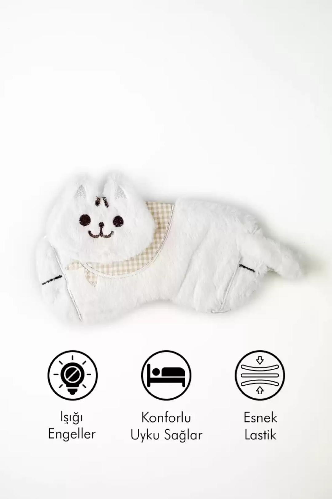 Beyaz Kedi Figürlü Ekose Detaylı Yumuşak Peluş Işık Geçirmeyen Konforlu Uyku Gözlüğü Esnek Lastikli