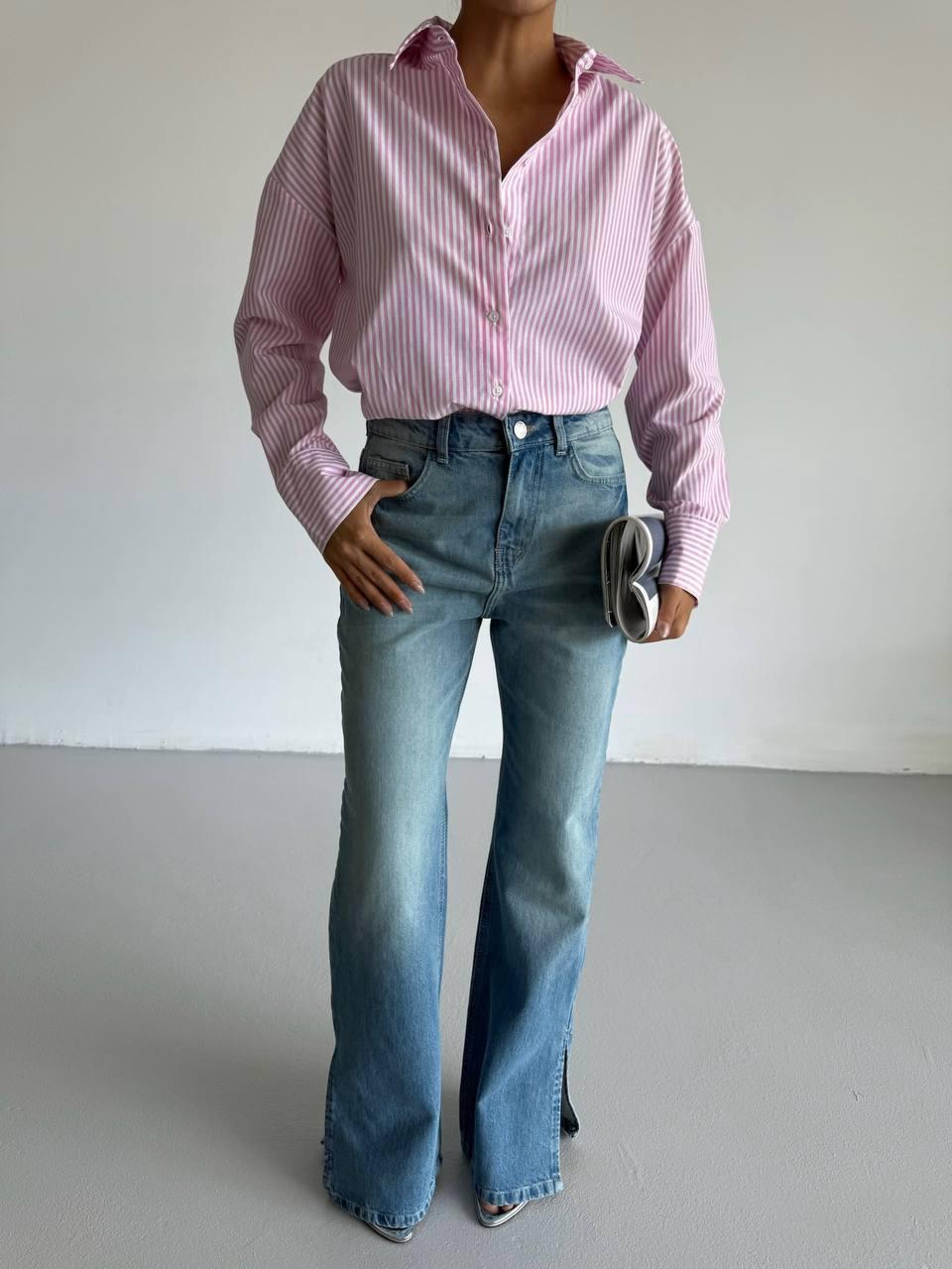 Pembe Beyaz Çizgili Oversize Gömlek