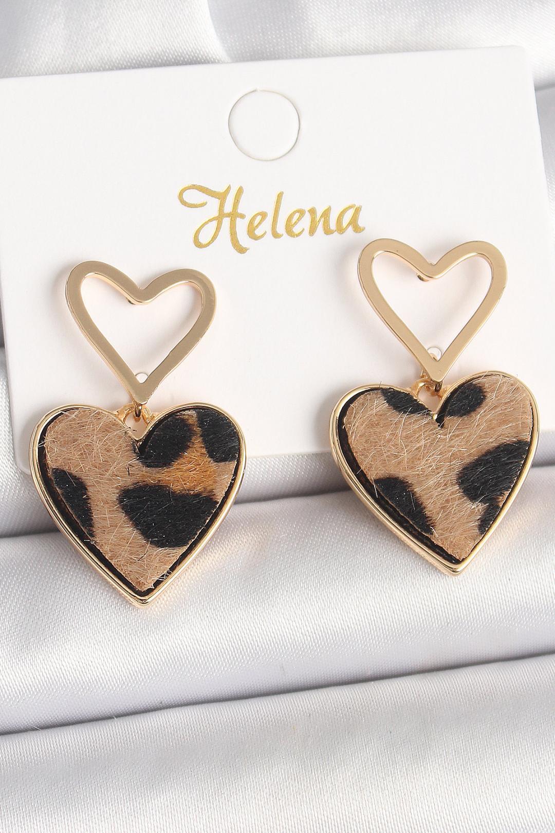 Helena Pirinç Gold Renk Sallantılı Leopar Desenli Kalp Model Kadın Küpe