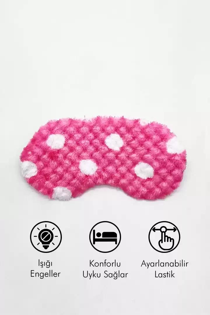 Pembe Üzerine Beyaz Puantiyeli Yumuşak Peluş Işık Geçirmeyen Konforlu Uyku Bandı Ayarlanabilir Lastikli