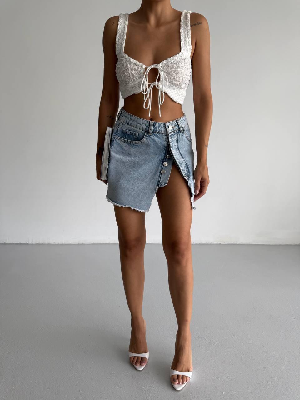 Asimetrik denim mini etek