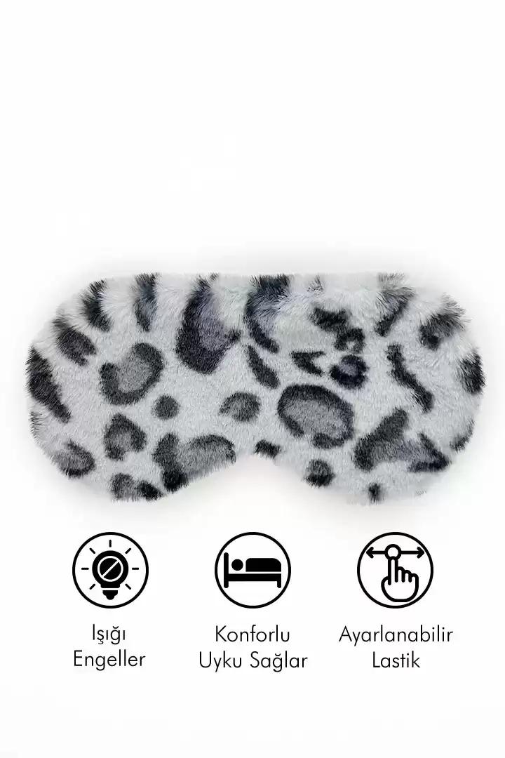Gri Tonlarında Leopar Desenli Yumuşak Peluş Işık Geçirmeyen Konforlu Uyku Bandı Ayarlanabilir Lastikli