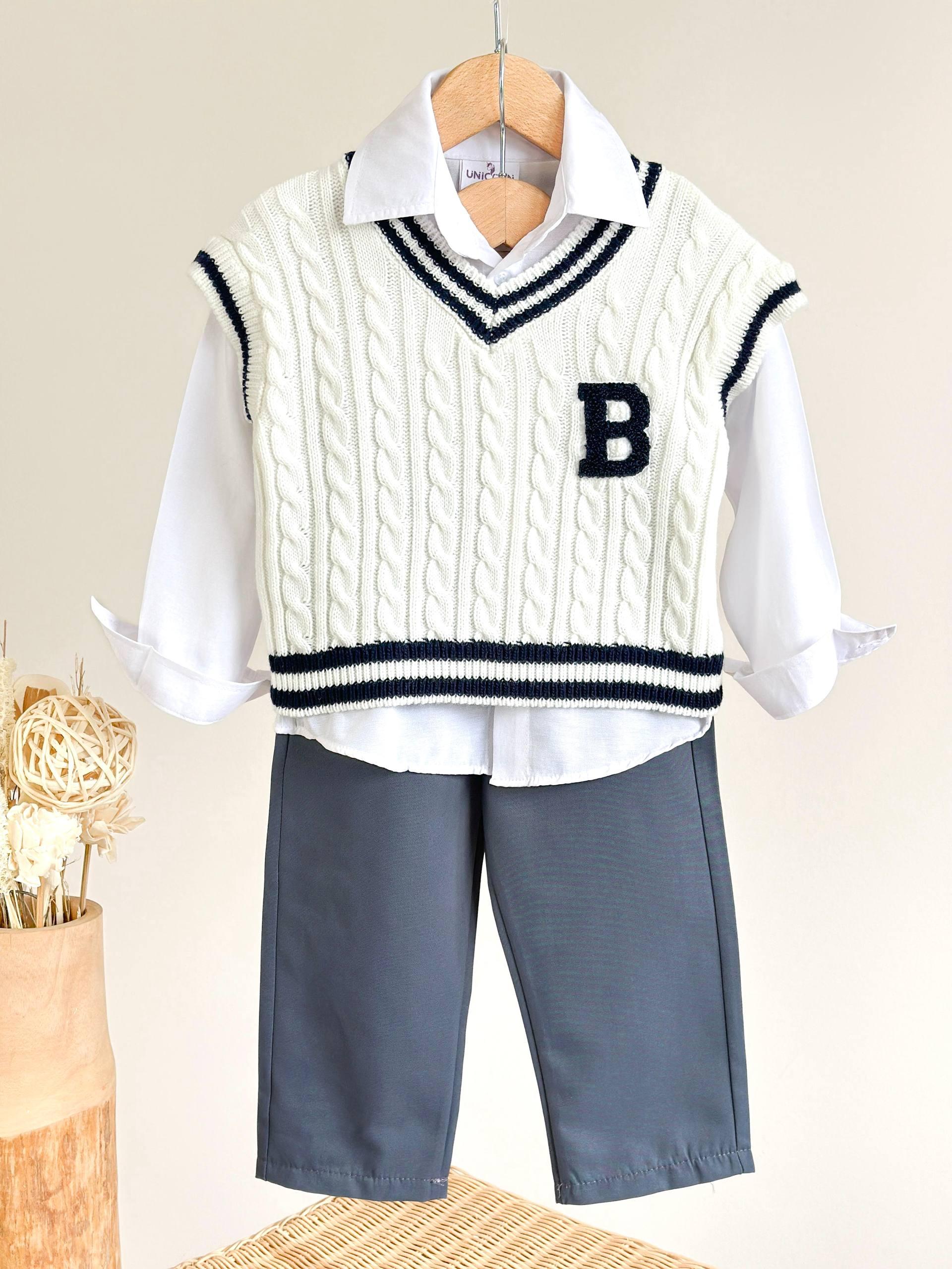 College Style "B" Embroidered Sweater Vest Set for Baby Boys