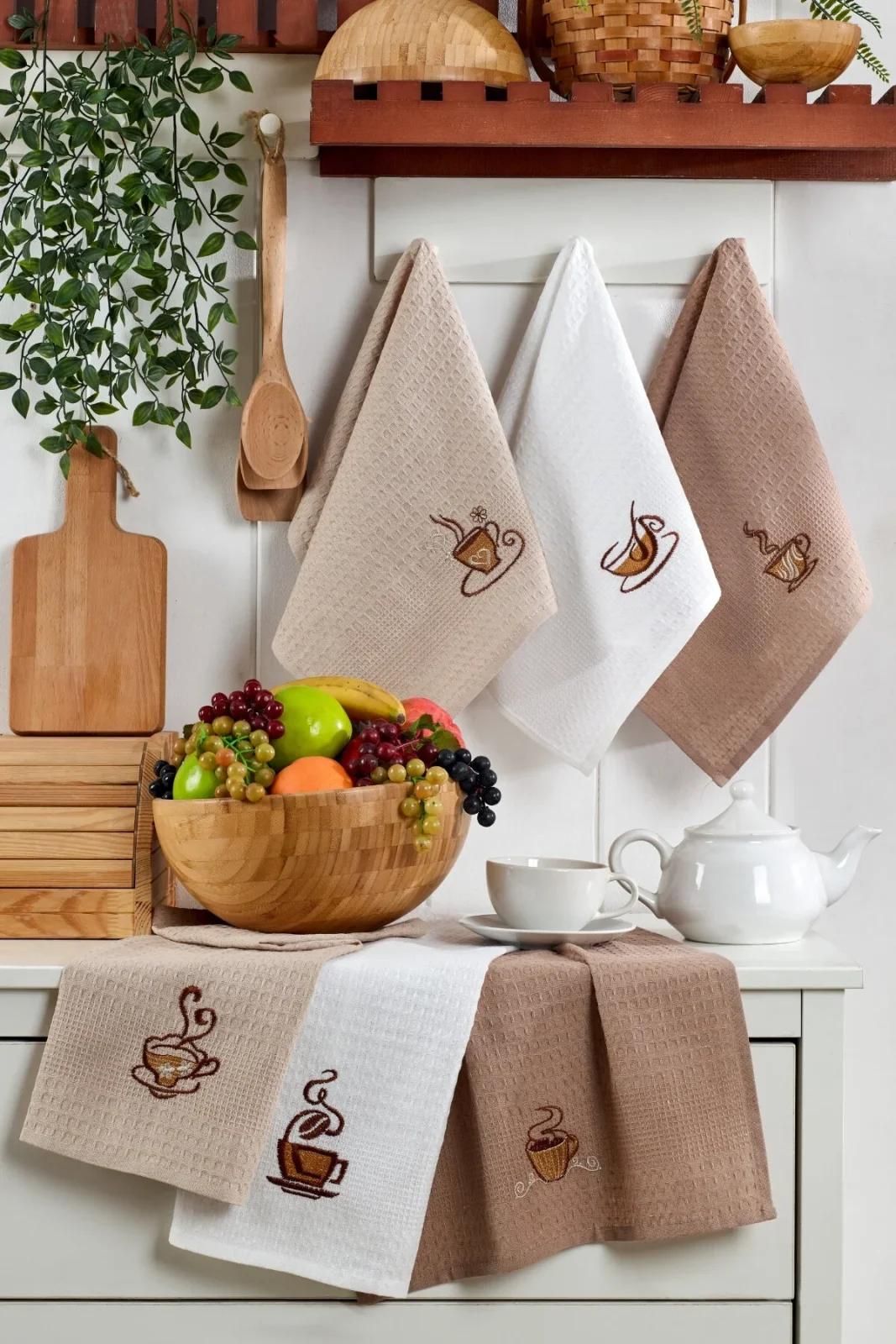 6-Piece Coffee Embroidered Kitchen Drying Cloth - Dowry Kitchen Towel Set - 40x60 cm - (RBK)