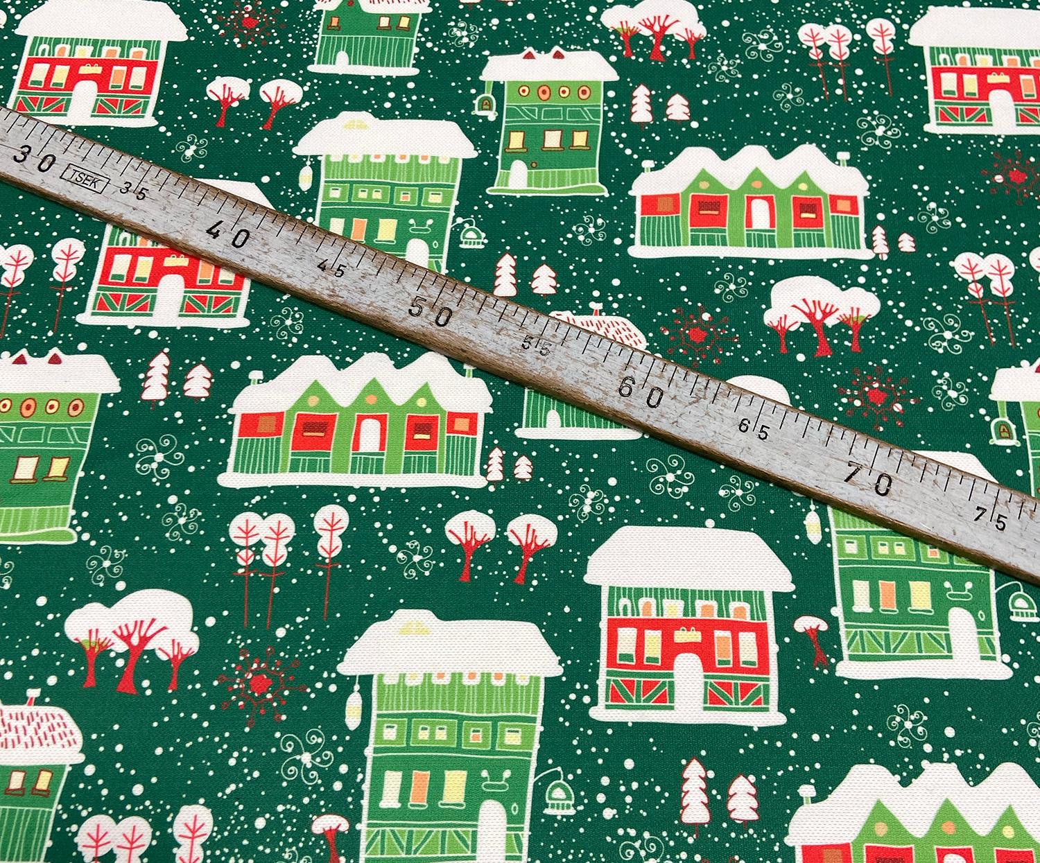 CHRISTMAS SNOWY HOUSES DIGITAL PRINT FABRIC - GREEN