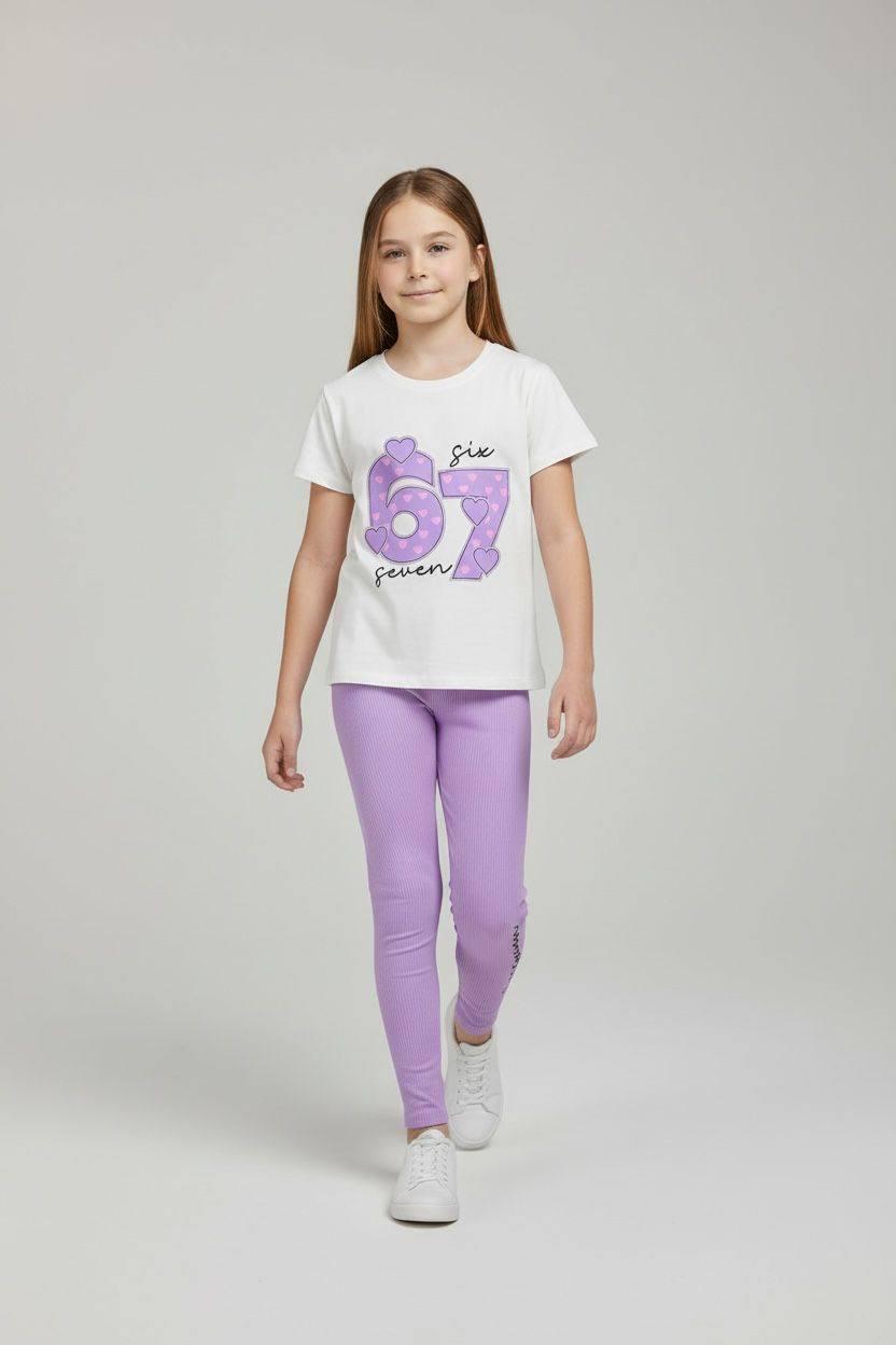 Girl "Six Seven" Heart Pattern T-Shirt and Leggings Set