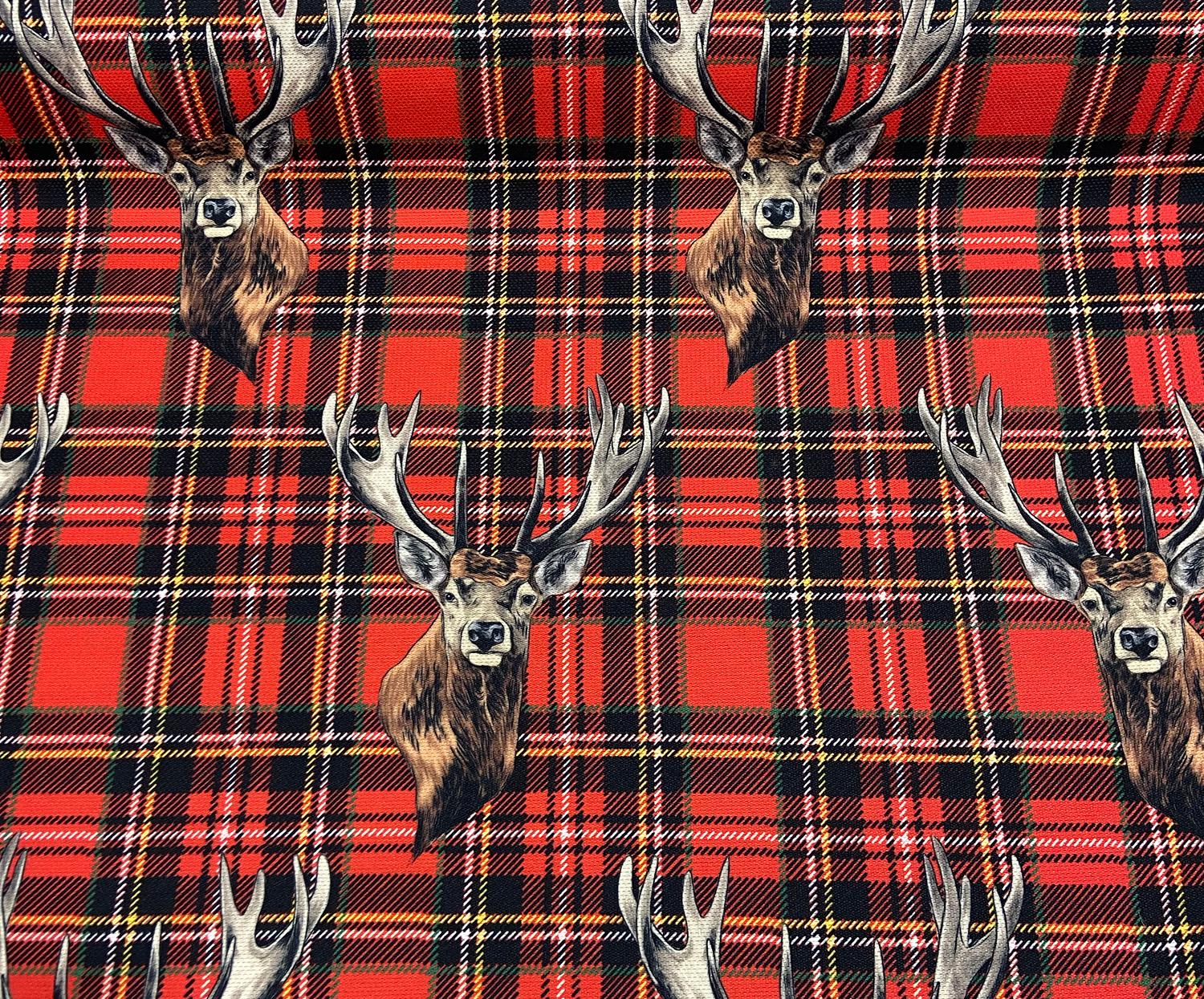 CHRISTMAS PLAID DEER PATTERNED DIGITAL PRINT FABRIC - RED