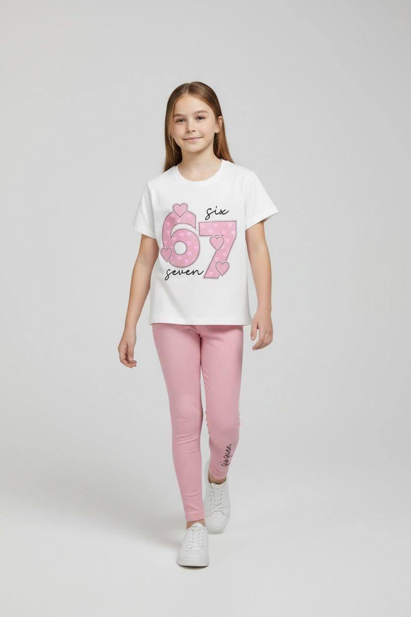 Girl "Six Seven" Heart Pattern T-Shirt and Leggings Set
