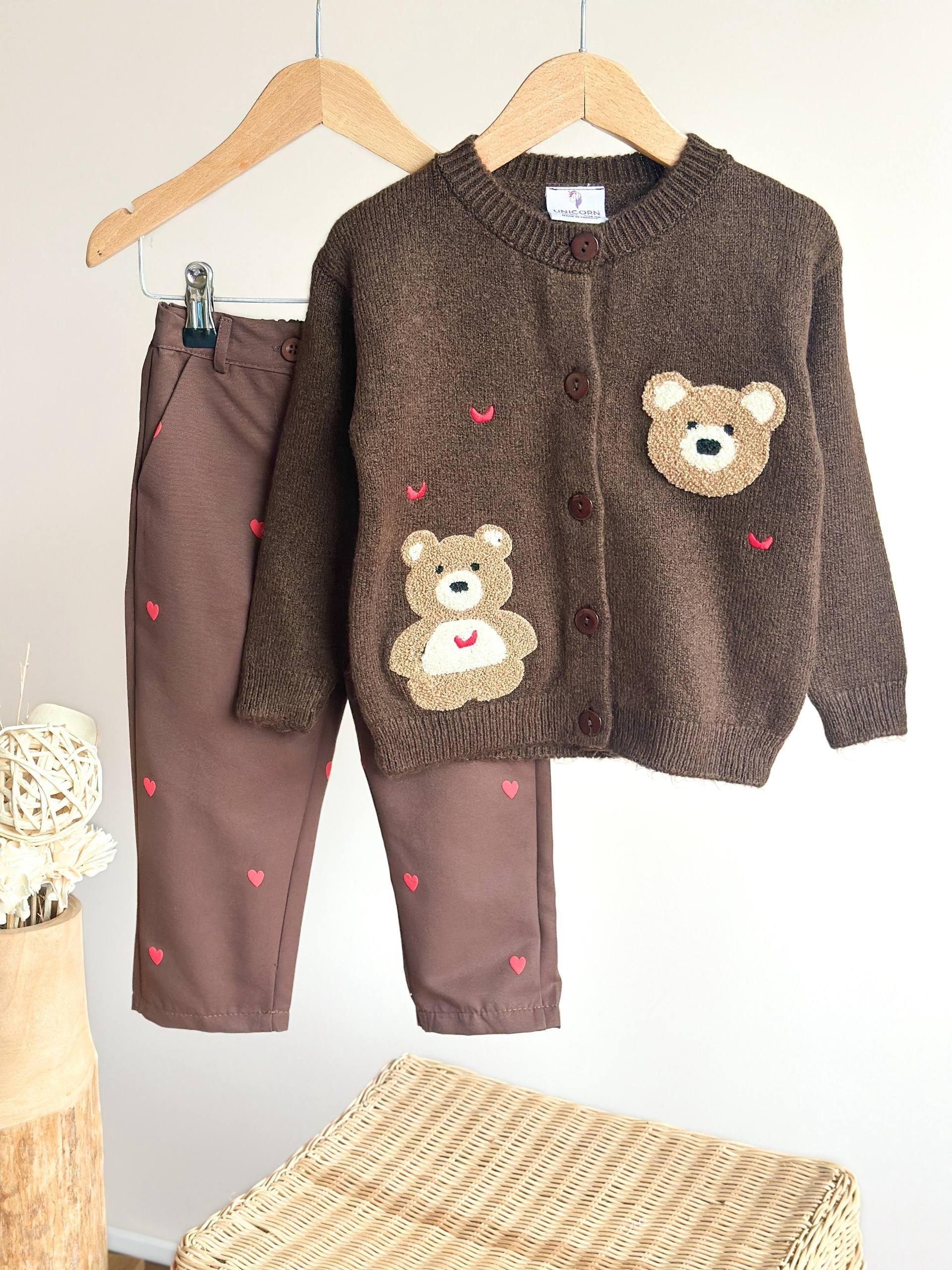 Brown Baby Set with Bear Embroidery and Heart Detail
