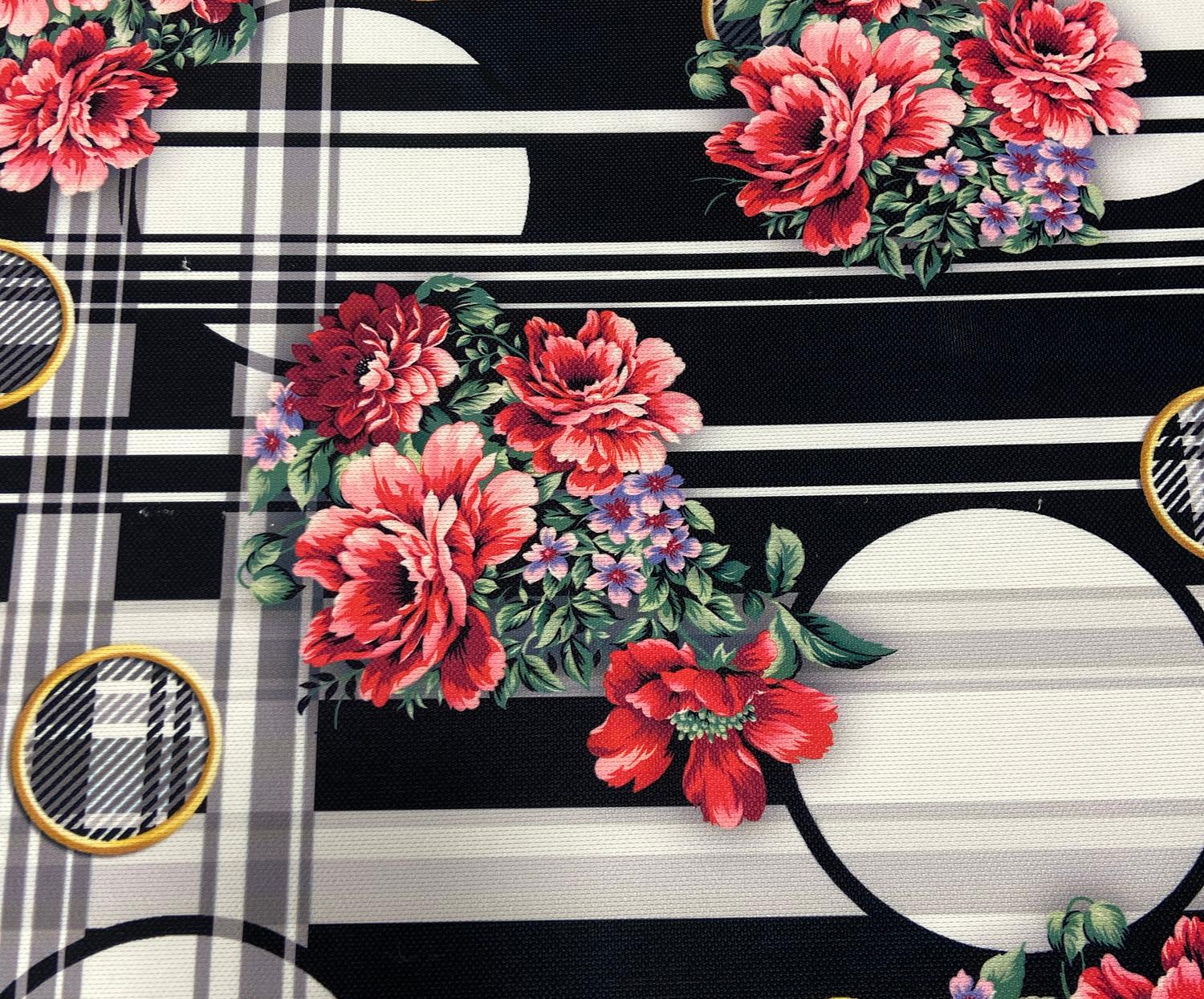 FLORAL AND PANEL PATTERNED DIGITAL PRINT FABRIC - BLACK