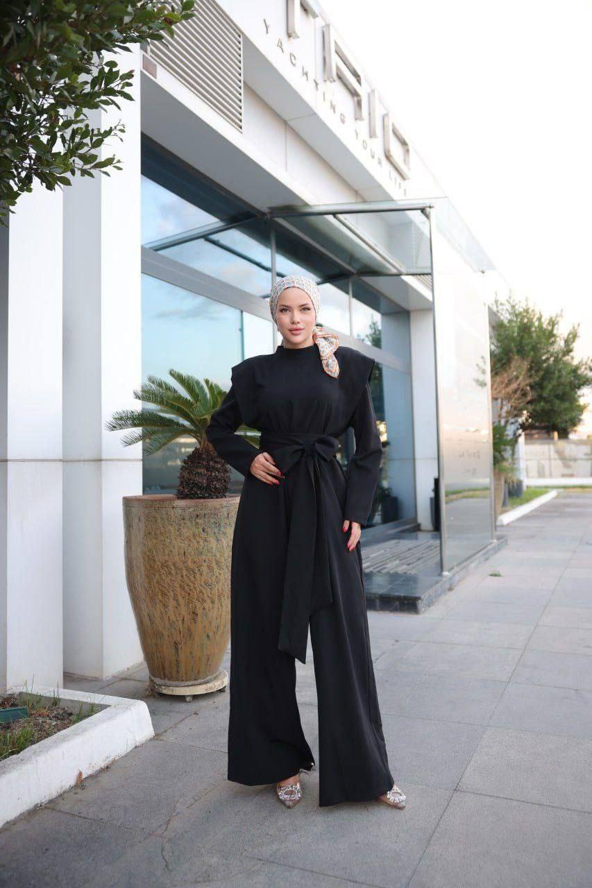 Black Wide-Leg Modest Jumpsuit with Shoulder Detail (Cape/Ruffle) and Belt