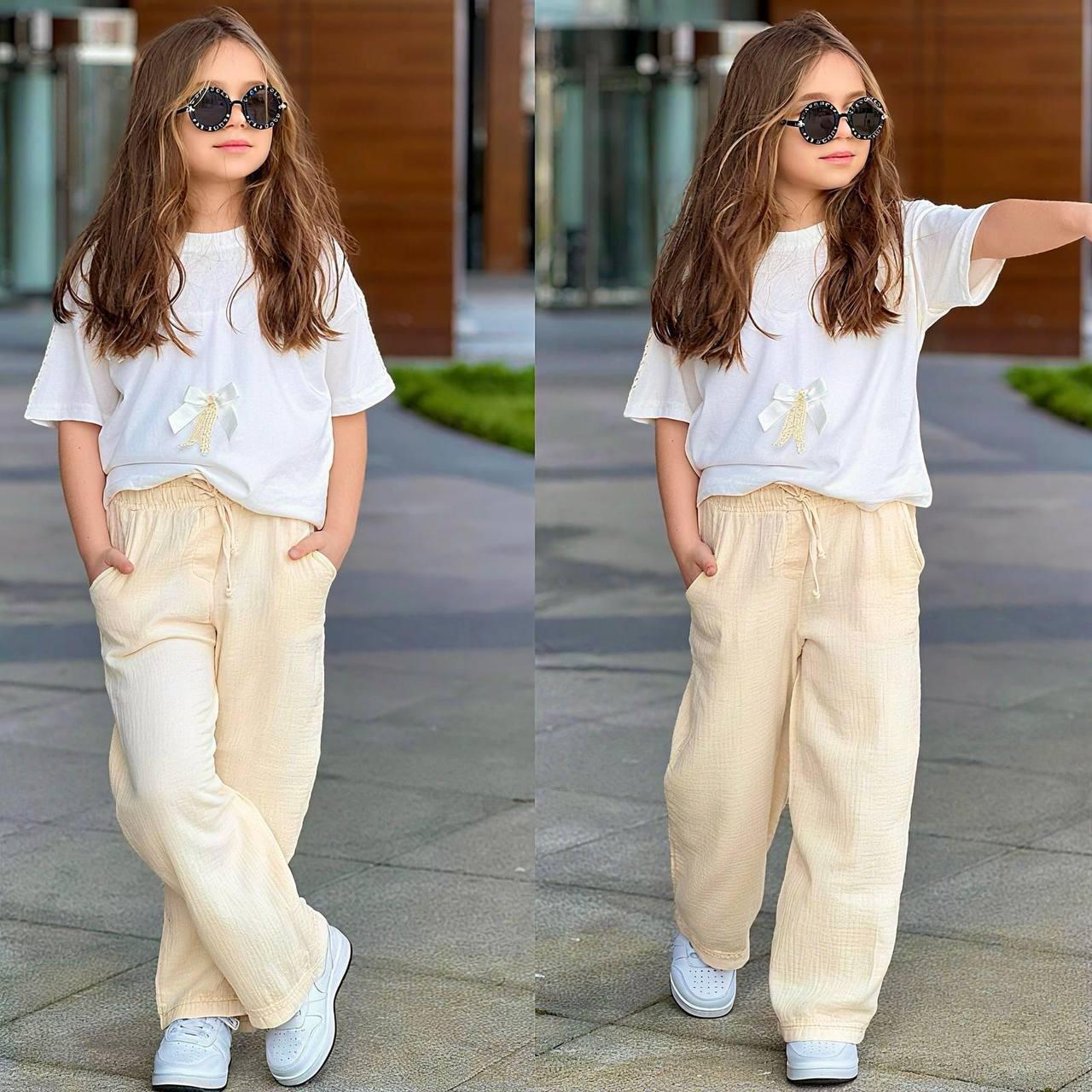 Cheerful Steps: Ribbon Detailed Muslin Girls' Outfit