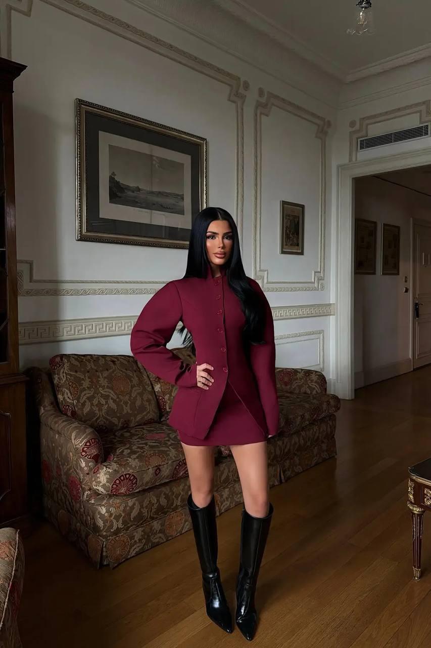 Stand-Up Collar Balloon Sleeve Jacket & Mini Skirt Set - Plum