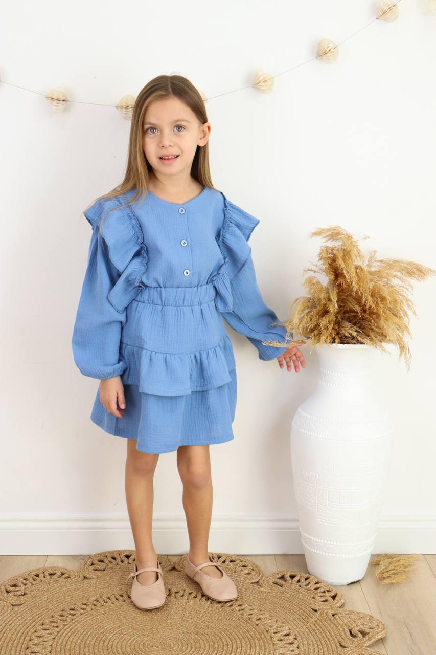 Blue Elegance: Ruffled Muslin Girl's Set 👗✨