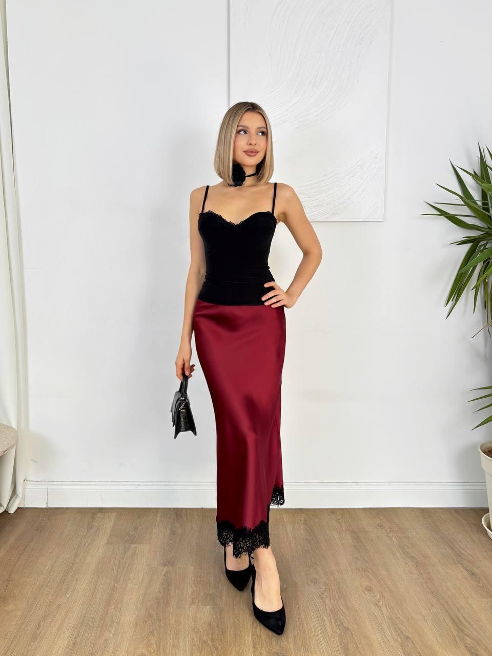 Dantel Detaylı Saten Midi/Maxi Etek