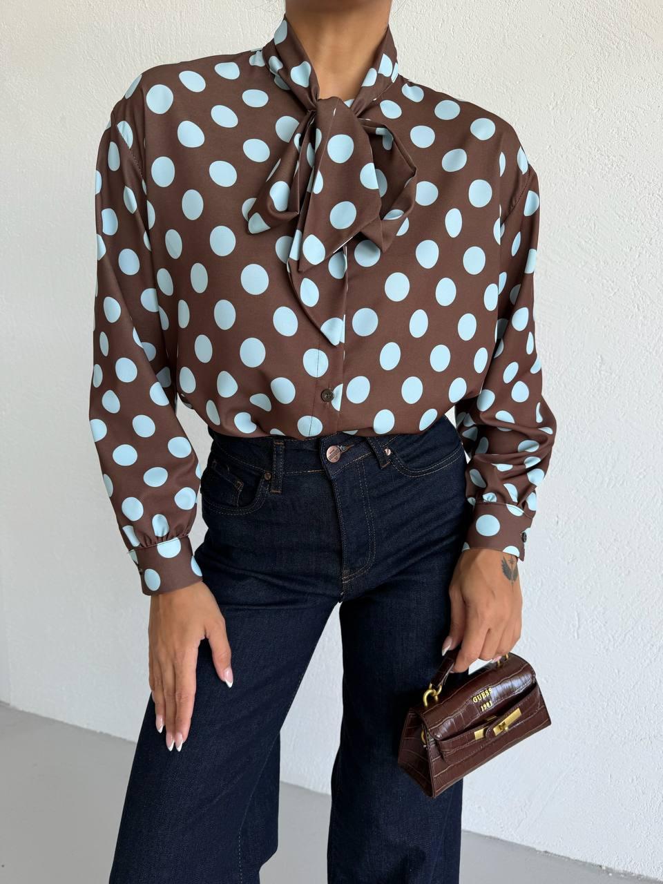 Polka Dot Bow Collar Satin Shirt