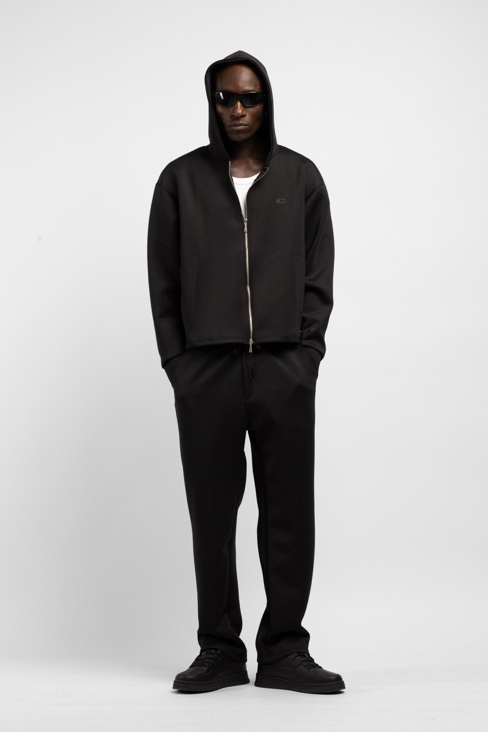 Men's Black Zip-Up Hooded Crop Top and Bottom Set