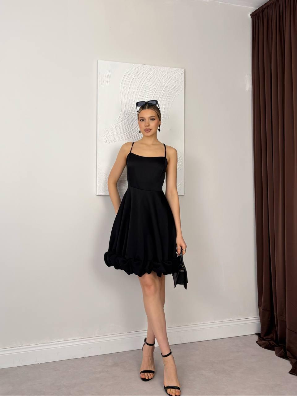 Siyah Balon Etekli Askılı Mini Davet Elbisesi