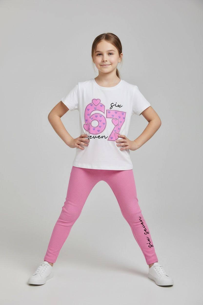 Girl "Six Seven" Heart Pattern T-Shirt and Leggings Set