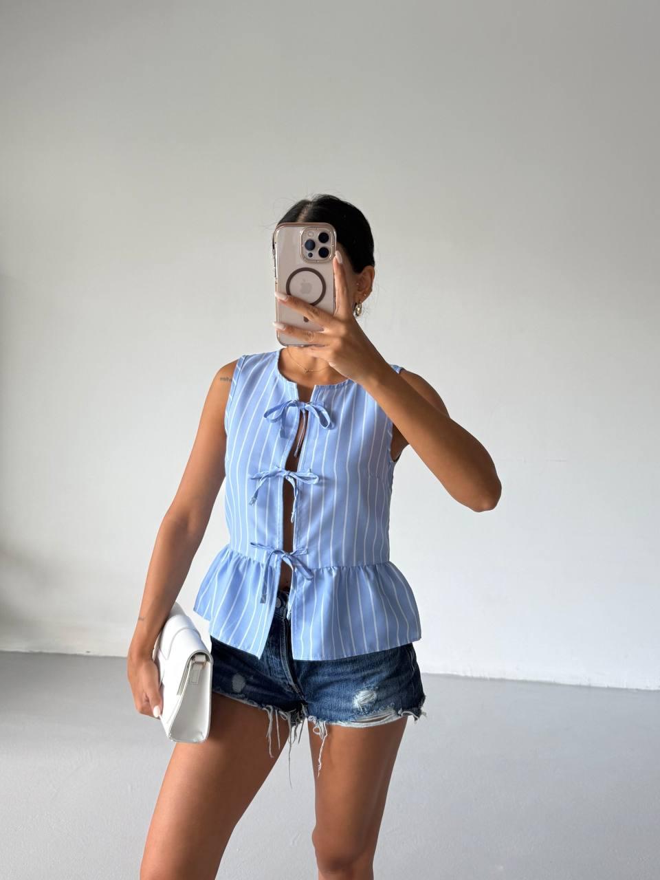 Blue Striped Peplum Blouse with Front Bow