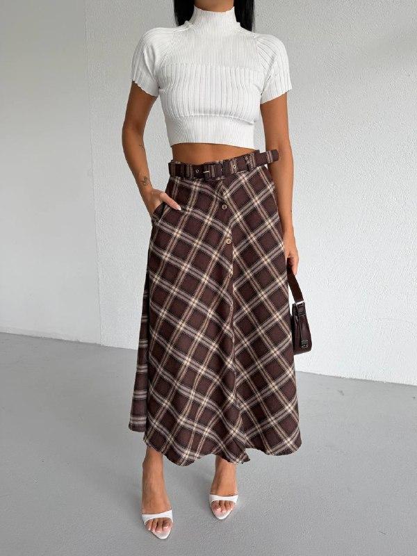 Coffee Plaid Buttoned Midi Skirt