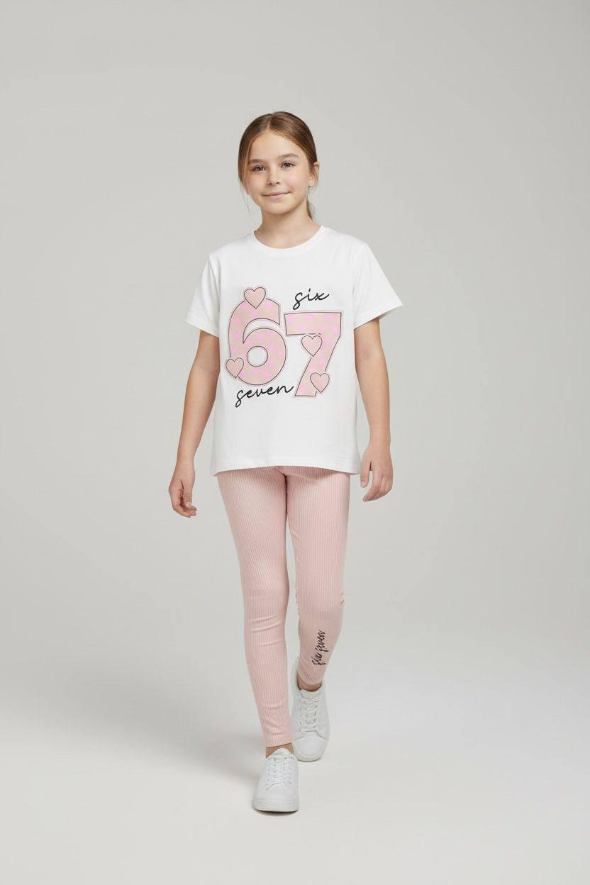 Girl "Six Seven" Heart Pattern T-Shirt and Leggings Set