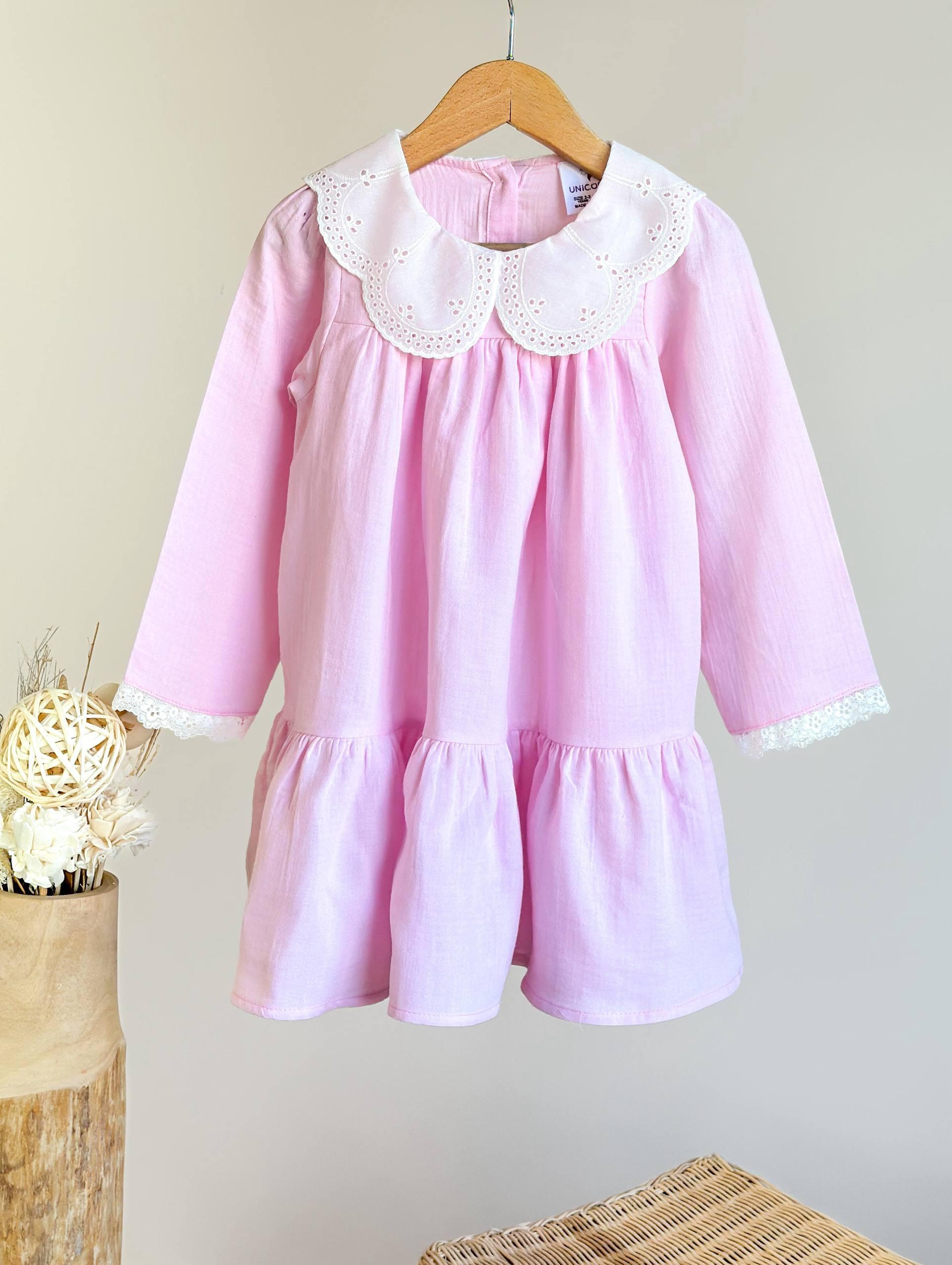 Pink Baby Dress with Broderie Anglaise Collar and Lace Details